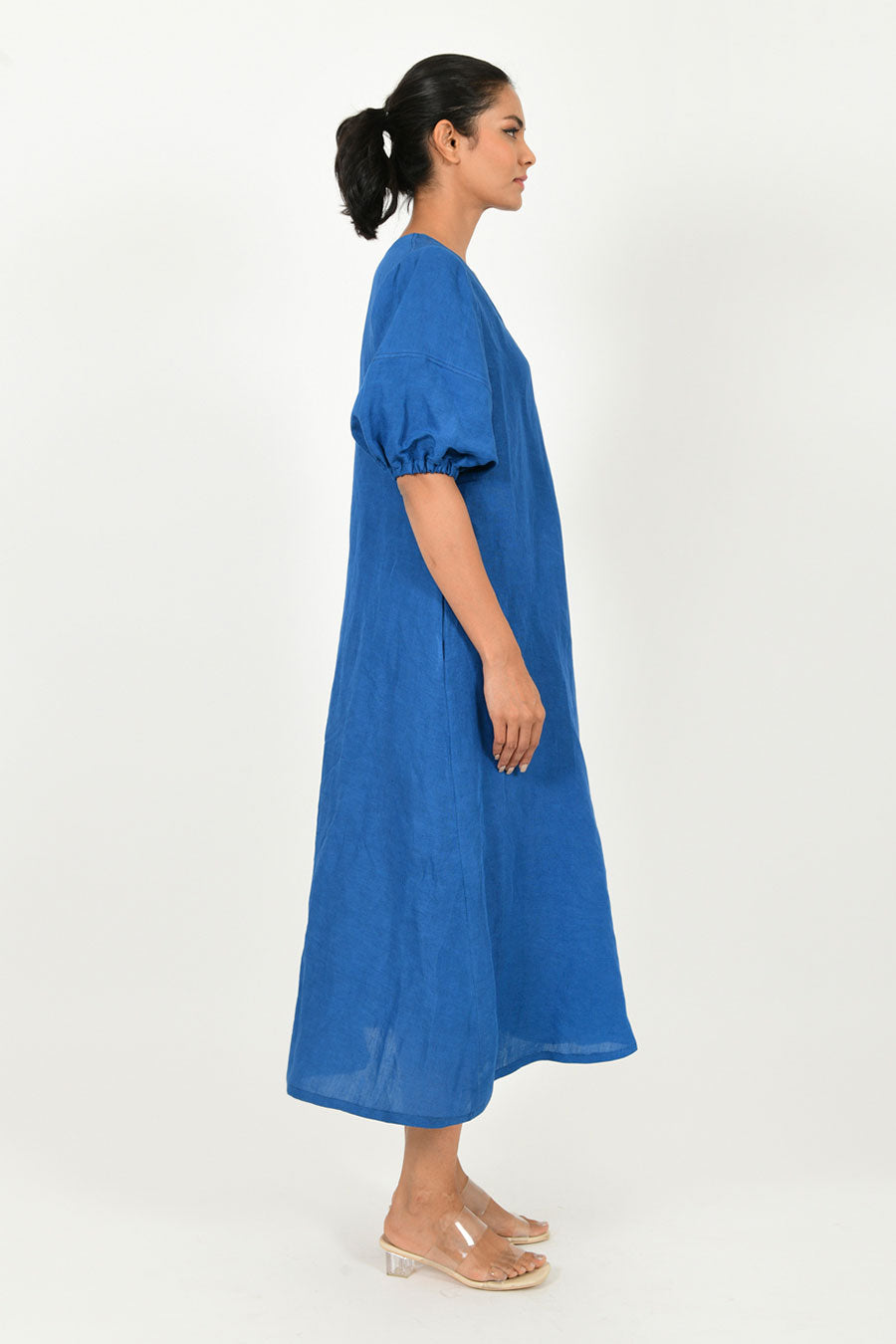 Classic Blue Linen Puff Sleeves Dress