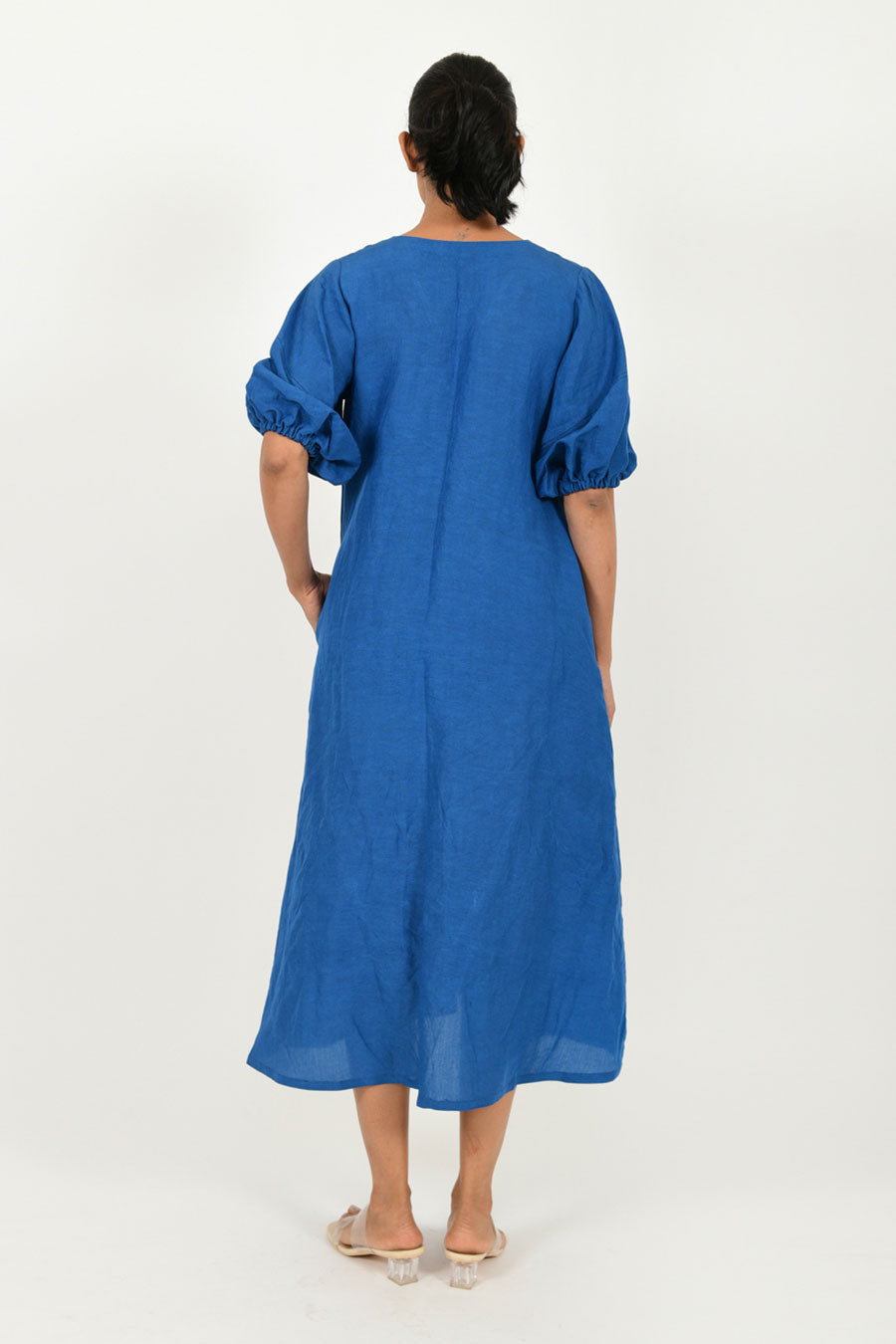 Classic Blue Linen Puff Sleeves Dress