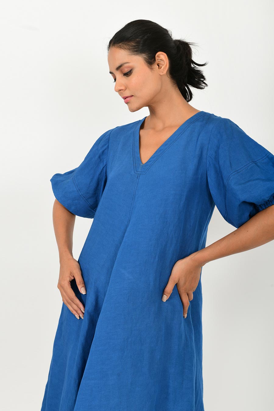 Classic Blue Linen Puff Sleeves Dress