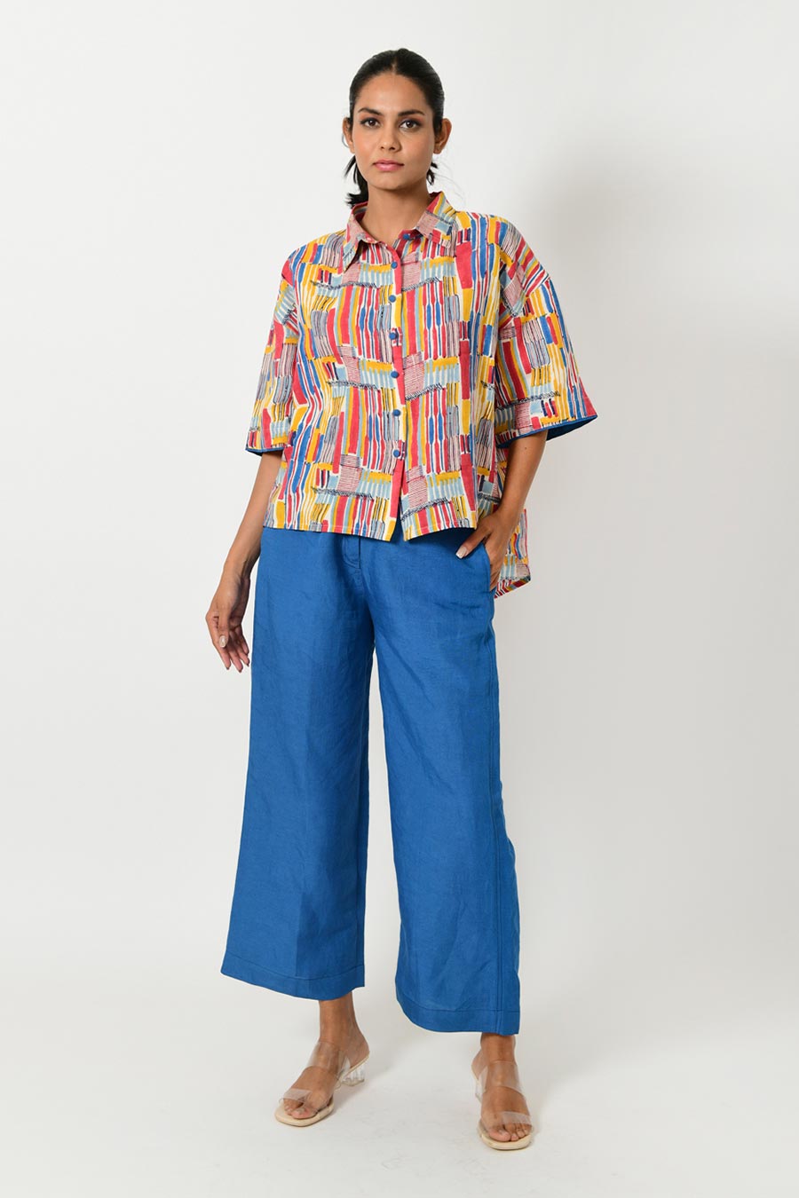 Scribble Linen Shirt & Blue Pant Set
