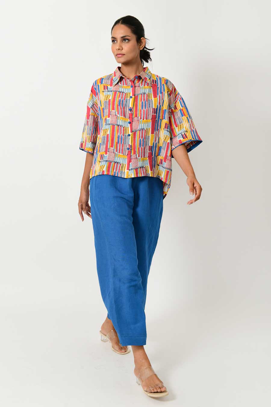 Scribble Linen Shirt & Blue Pant Set
