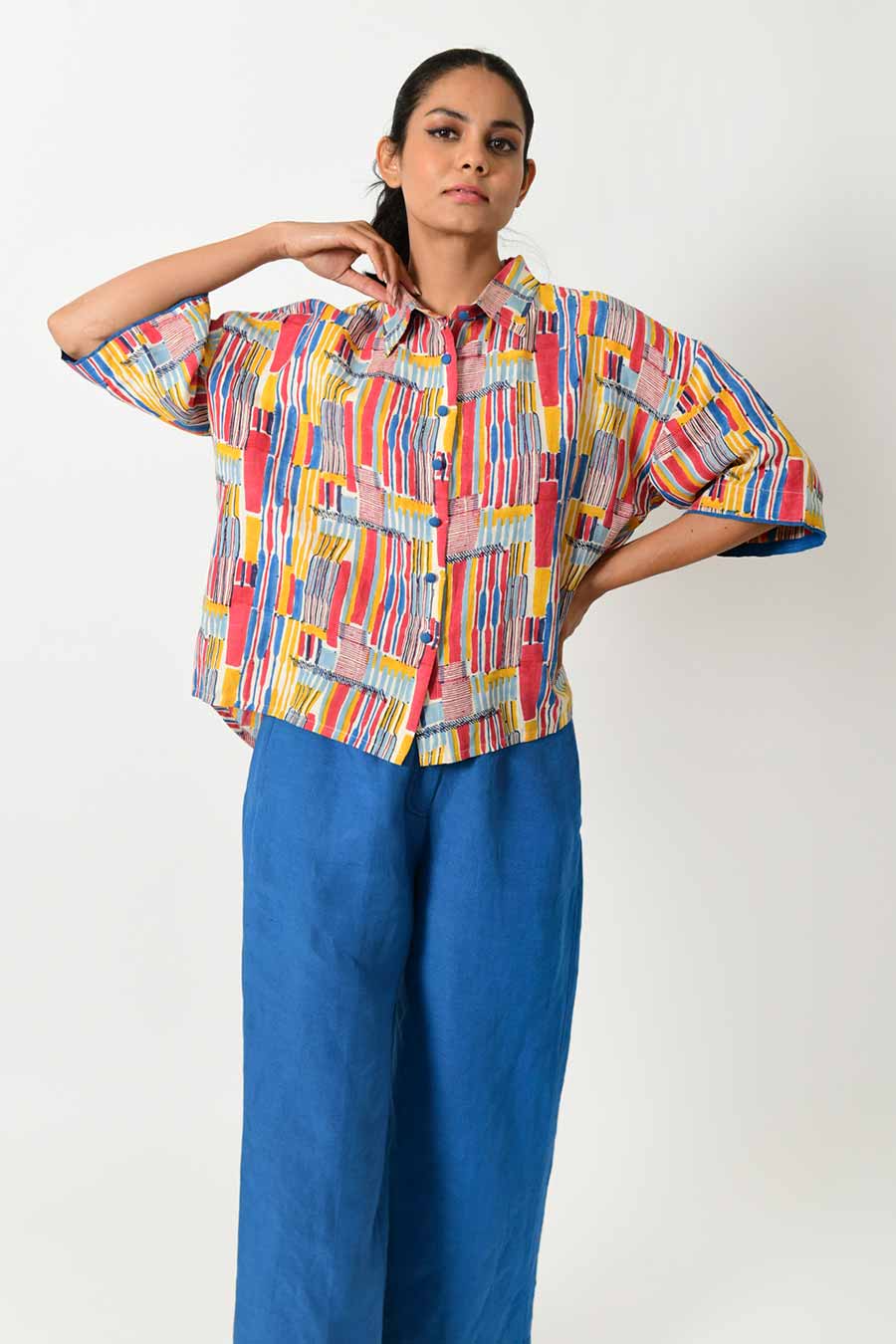 Scribble Linen Shirt & Blue Pant Set