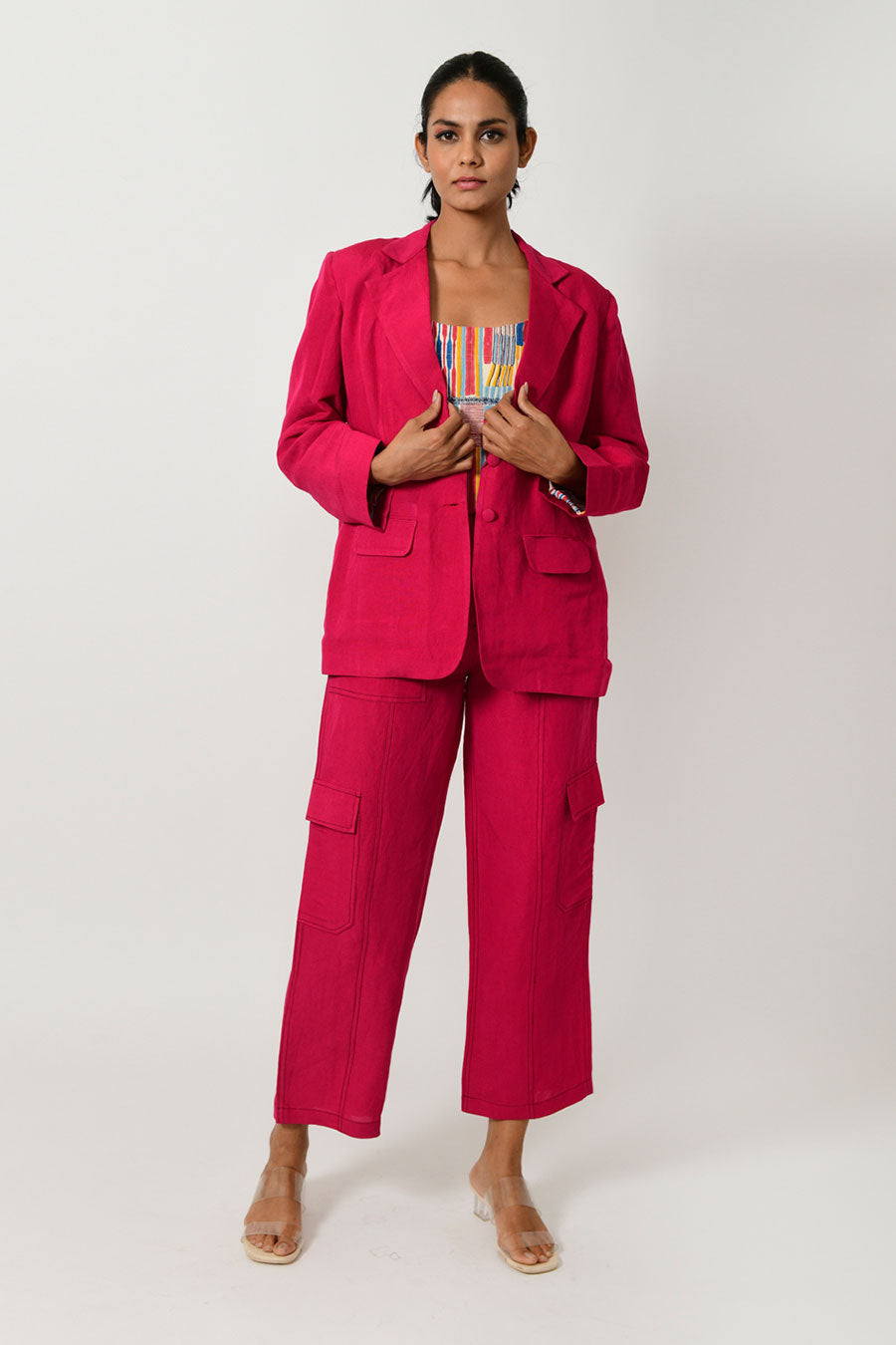 Viva Magenta Linen Blazer & Pant Set With Scribble Top