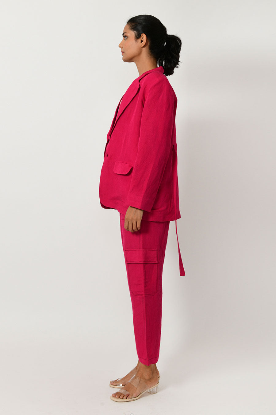 Viva Magenta Linen Blazer & Pant Set With Scribble Top