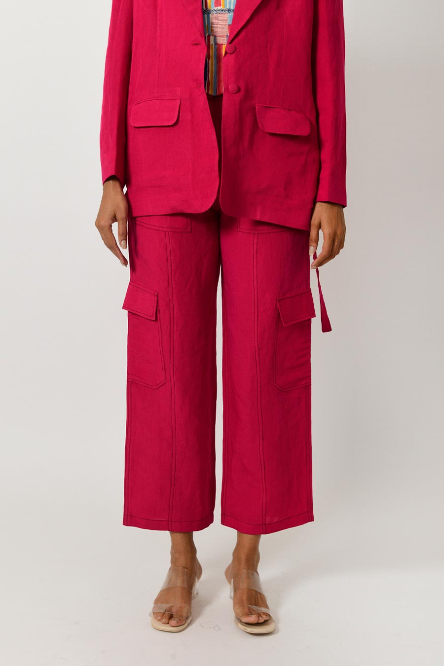 Viva Magenta Linen Blazer & Pant Set With Scribble Top