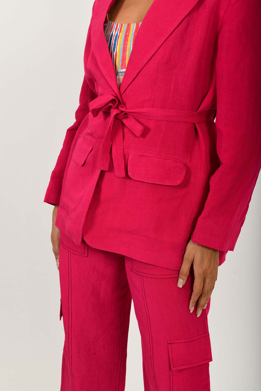 Viva Magenta Linen Blazer & Pant Set With Scribble Top