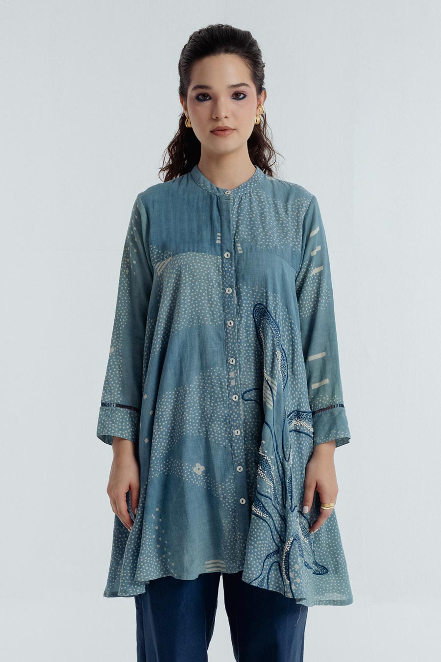 Indigo Dabu Printed Flare Shirt