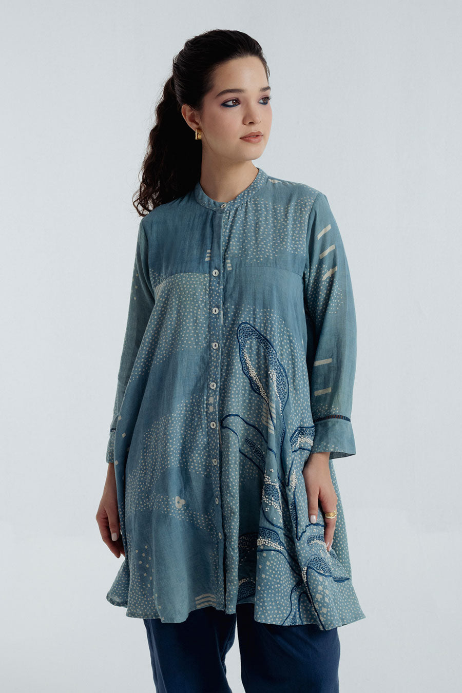Indigo Dabu Printed Flare Shirt
