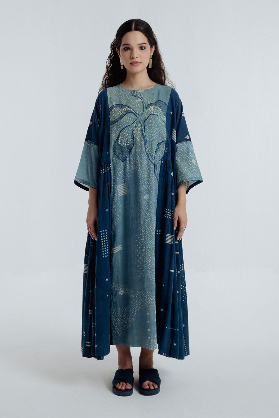 Indigo Dabu Printed Pleated Maxi Dress