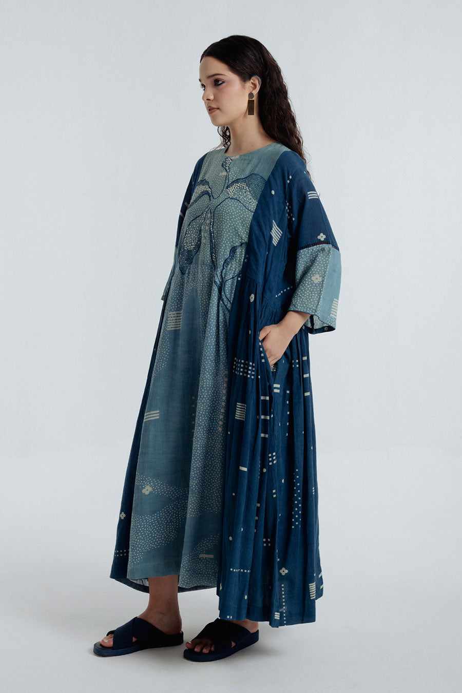 Indigo Dabu Printed Pleated Maxi Dress
