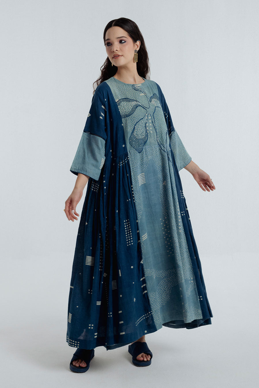 Indigo Dabu Printed Pleated Maxi Dress
