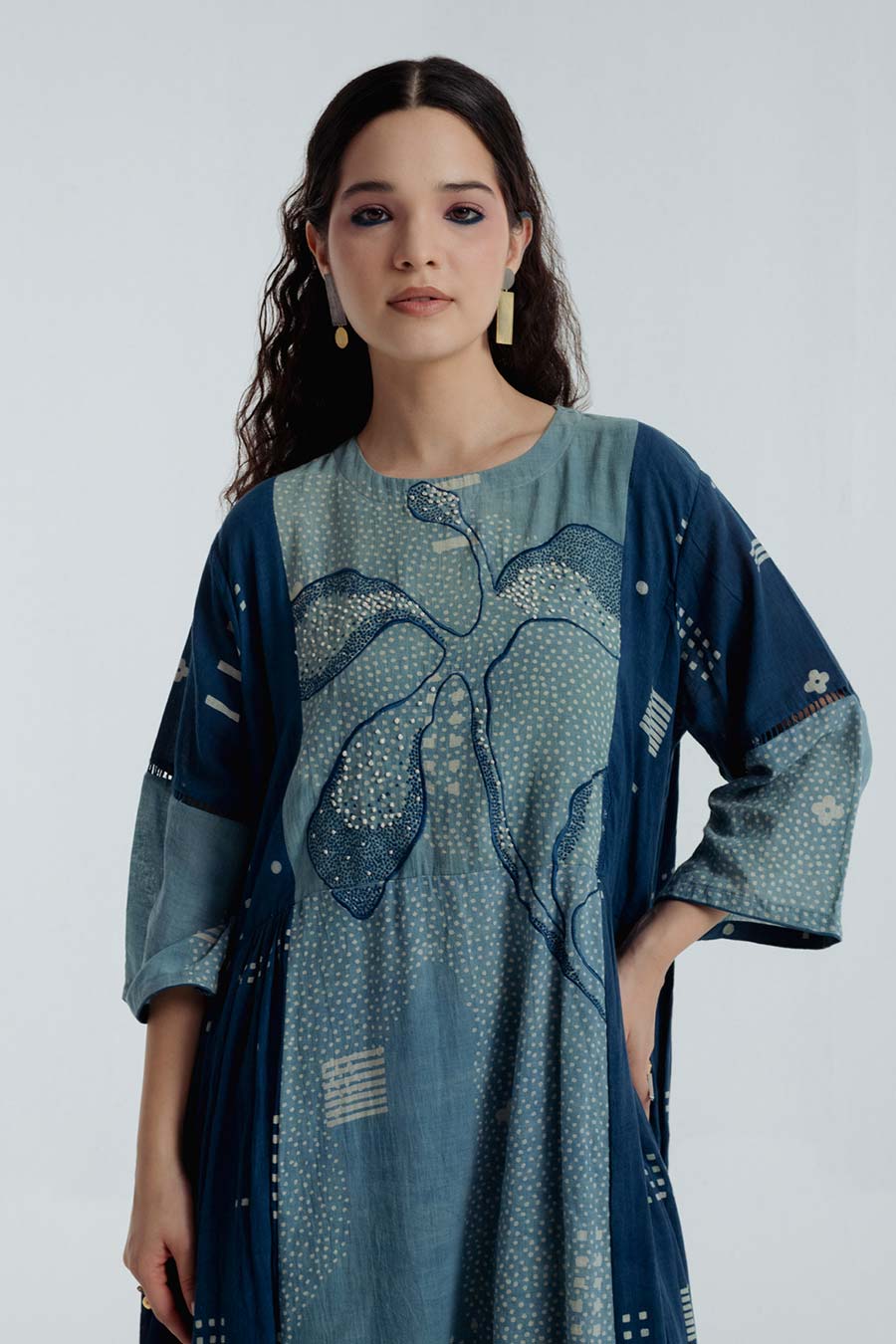 Indigo Dabu Printed Pleated Maxi Dress