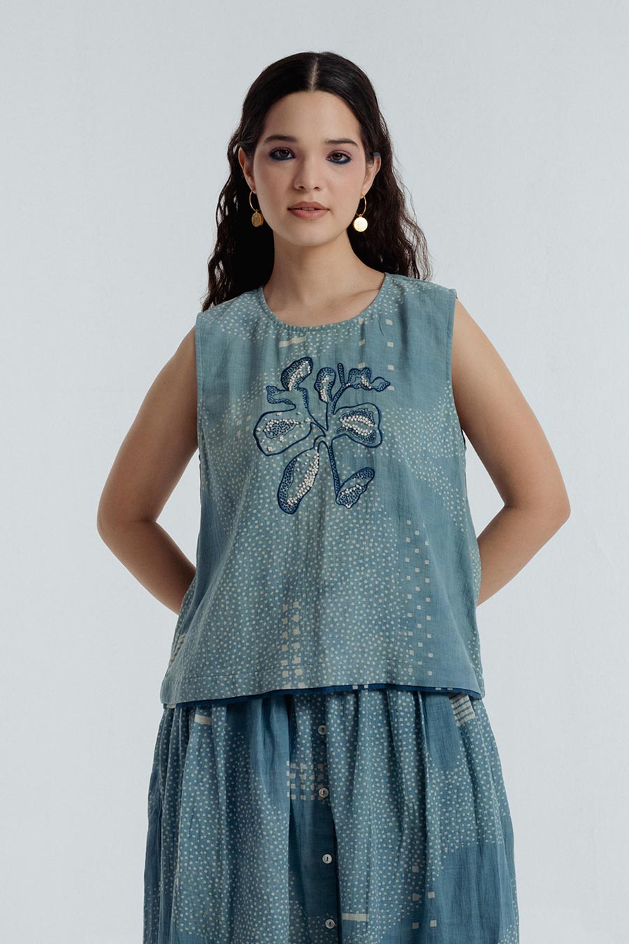 Indigo Dabu Printed Sky Top