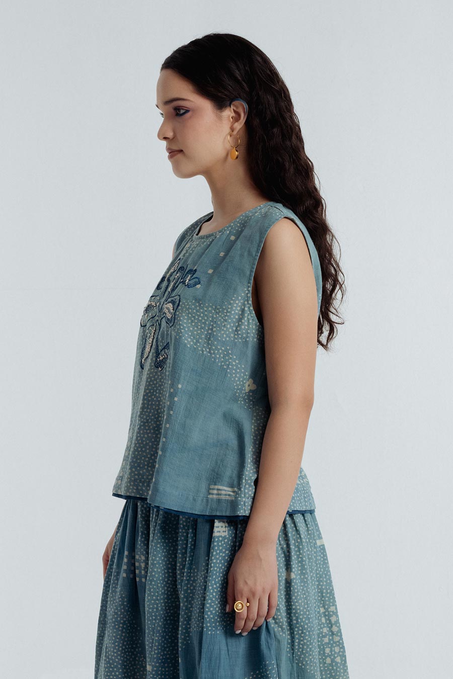 Indigo Dabu Printed Sky Top