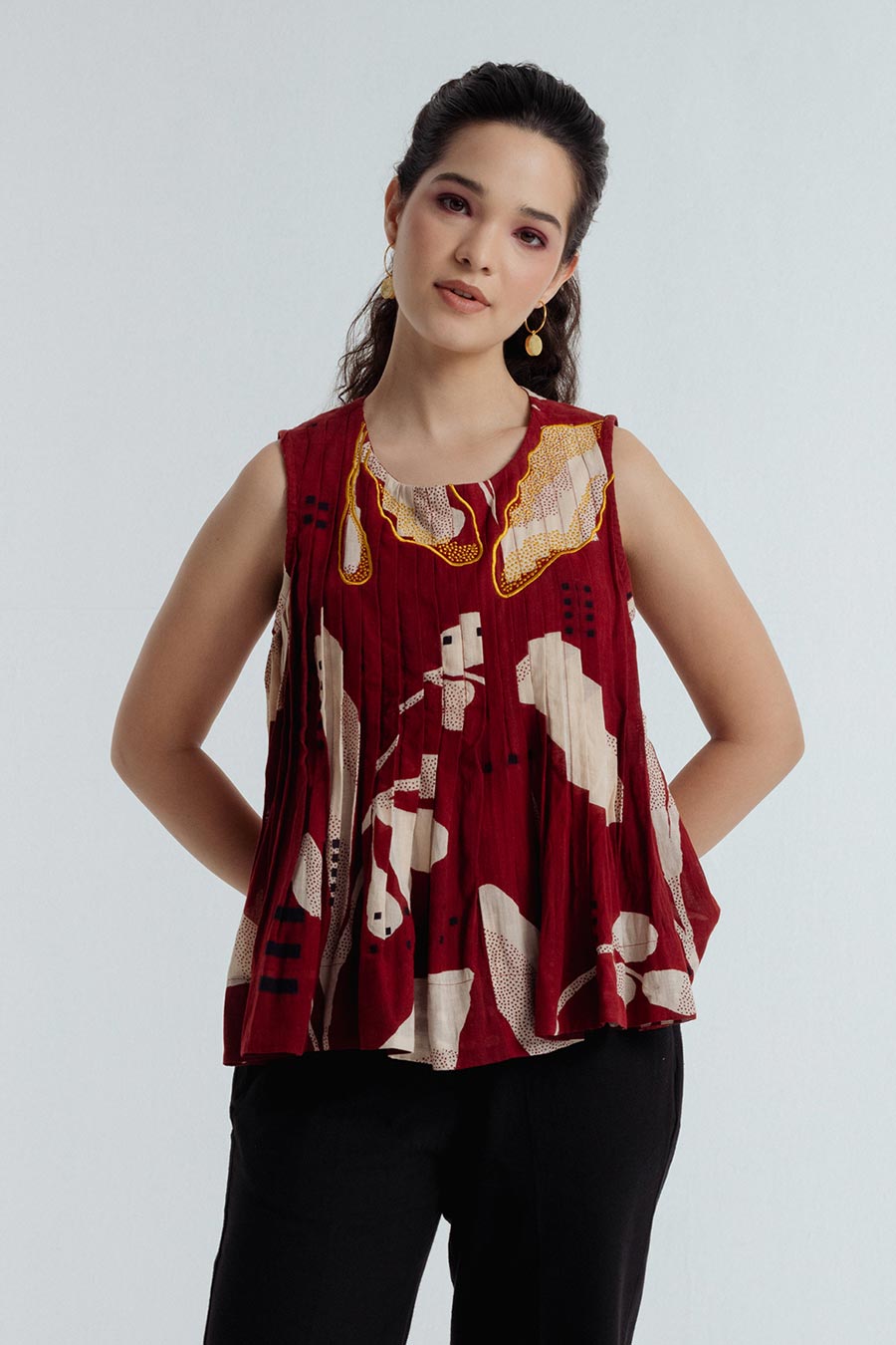 Red Madder Dabu Printed Pleated Top