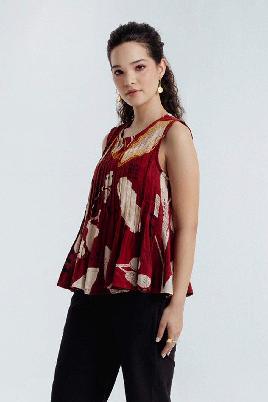 Red Madder Dabu Printed Pleated Top