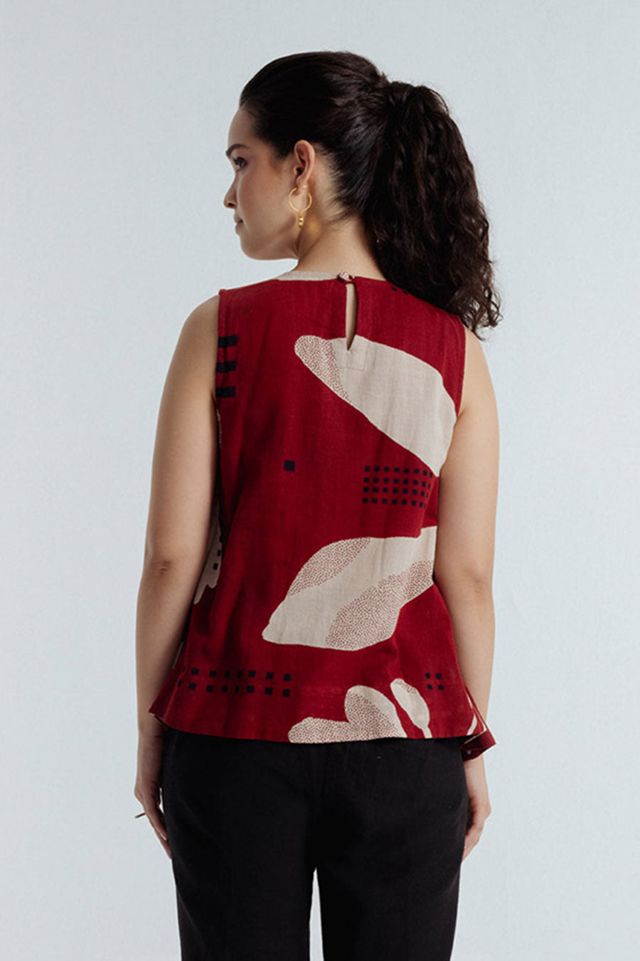 Red Madder Dabu Printed Pleated Top