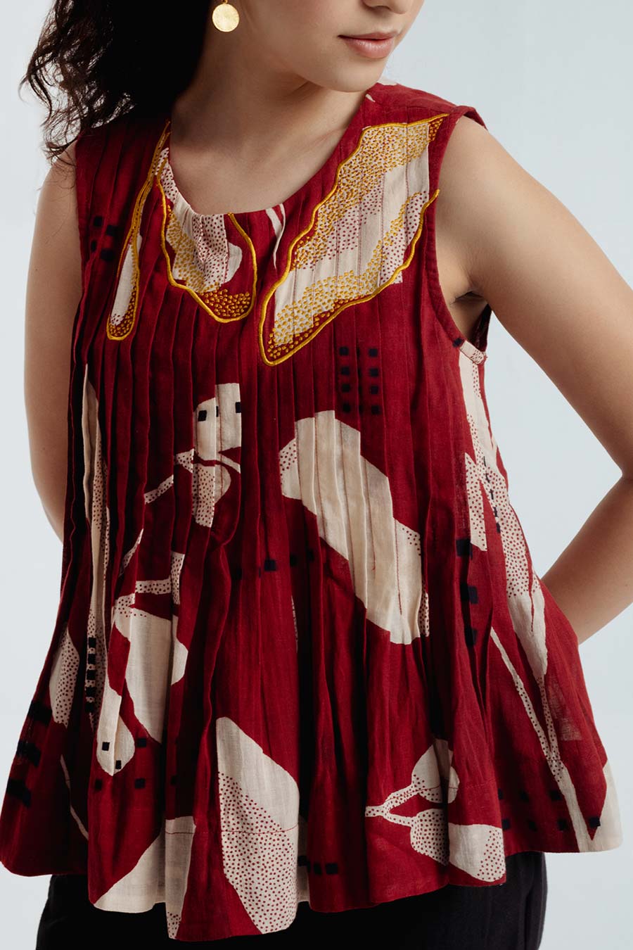 Red Madder Dabu Printed Pleated Top