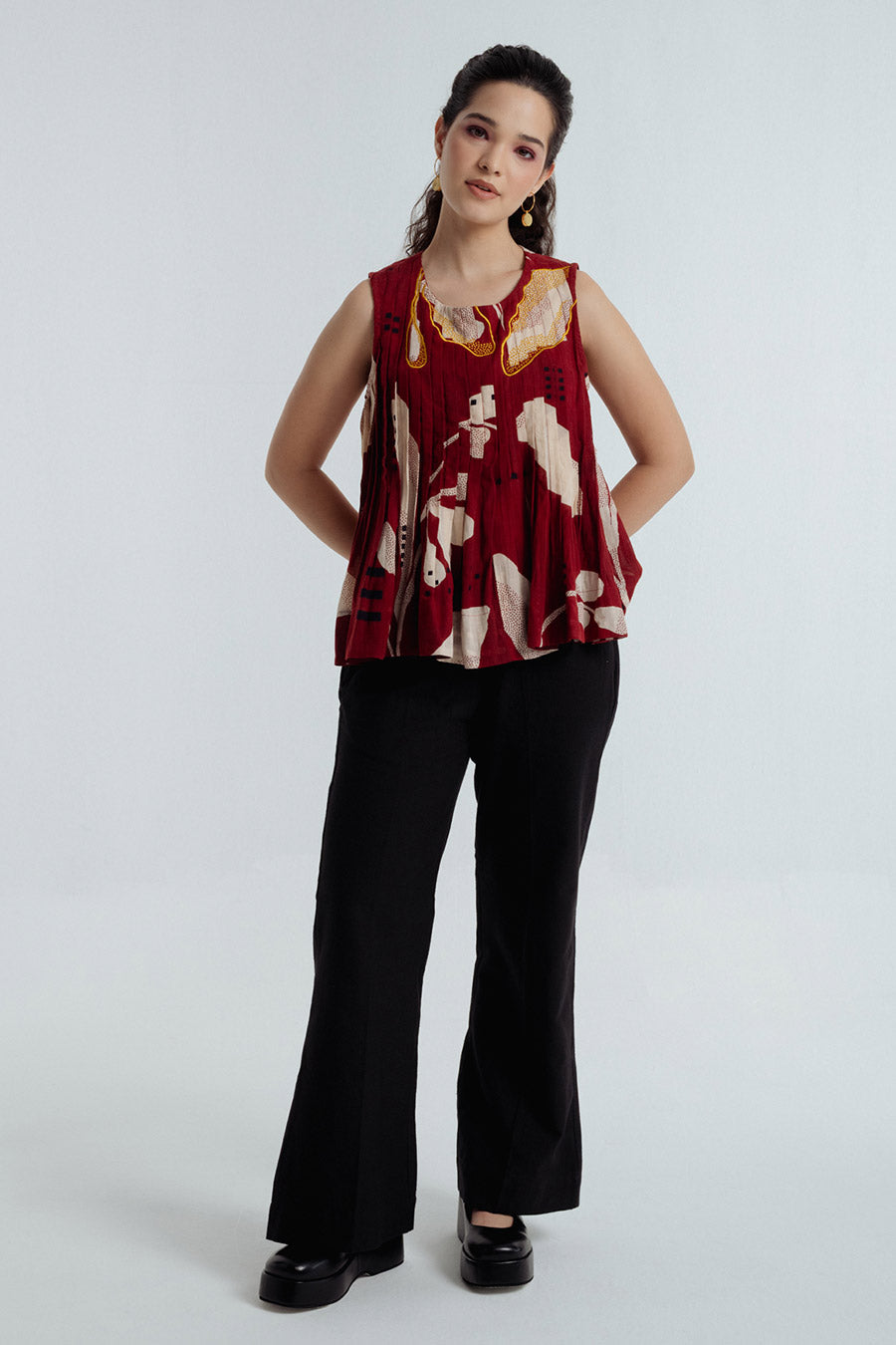 Red Madder Dabu Printed Pleated Top