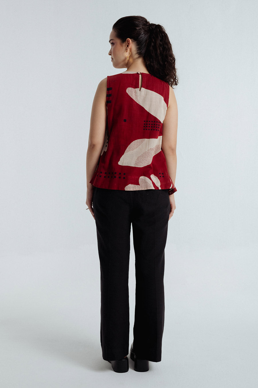 Red Madder Dabu Printed Pleated Top