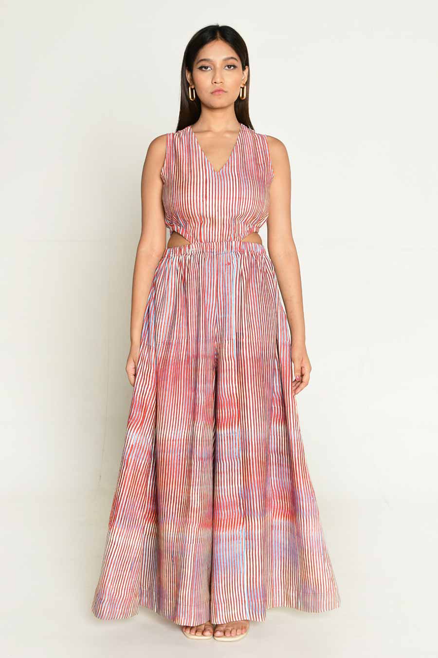 Pink Block-Printed Cut-Out Jumpsuit