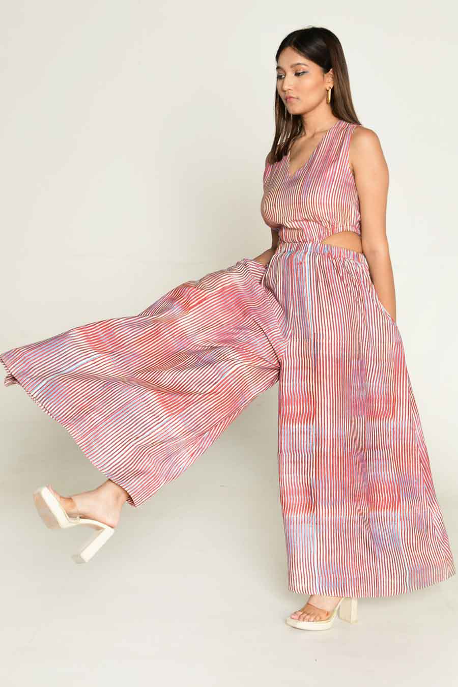 Pink Block-Printed Cut-Out Jumpsuit