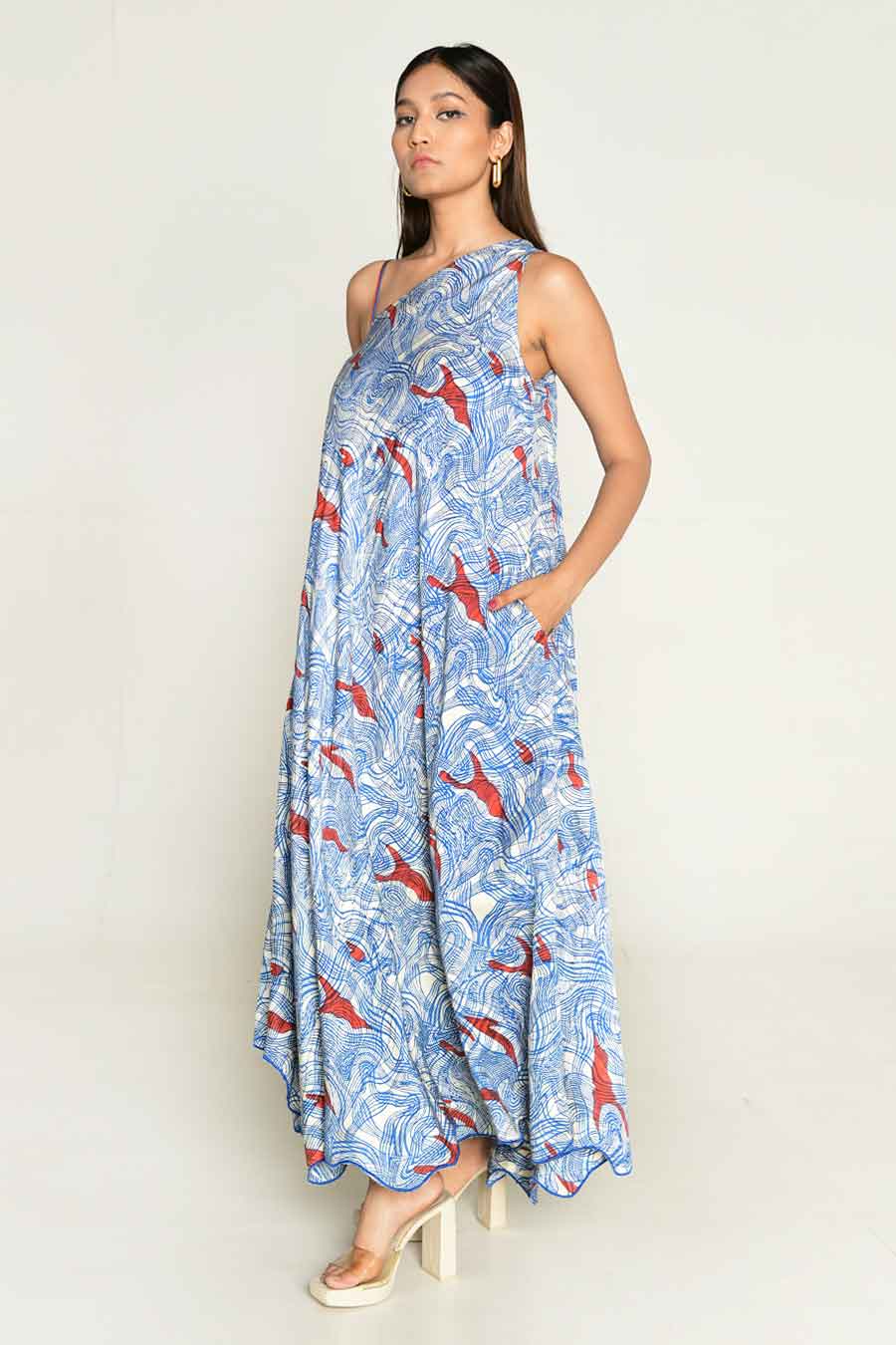 Blue Block-Printed One-Shoulder Flared Dress