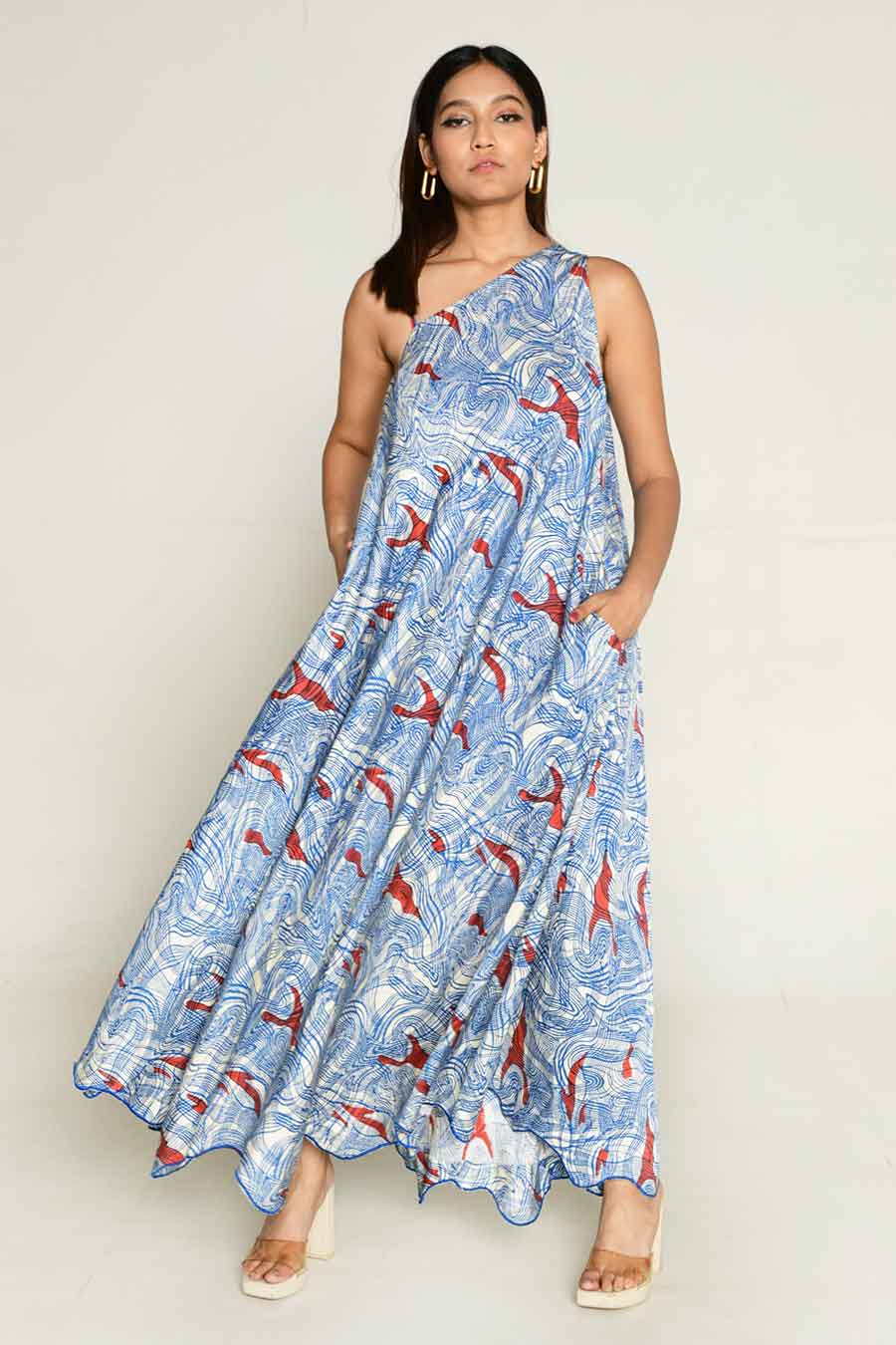 Blue Block-Printed One-Shoulder Flared Dress