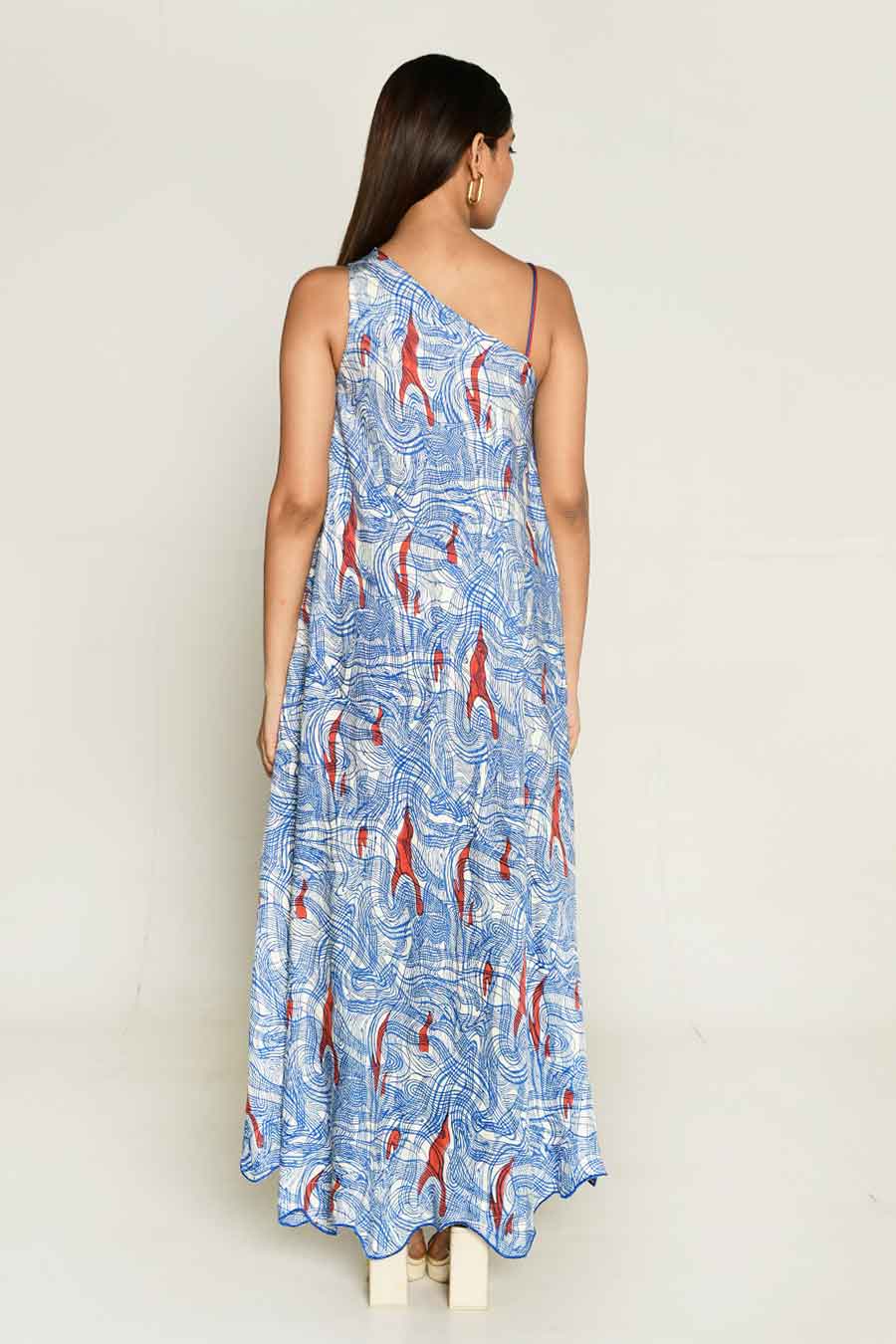 Blue Block-Printed One-Shoulder Flared Dress