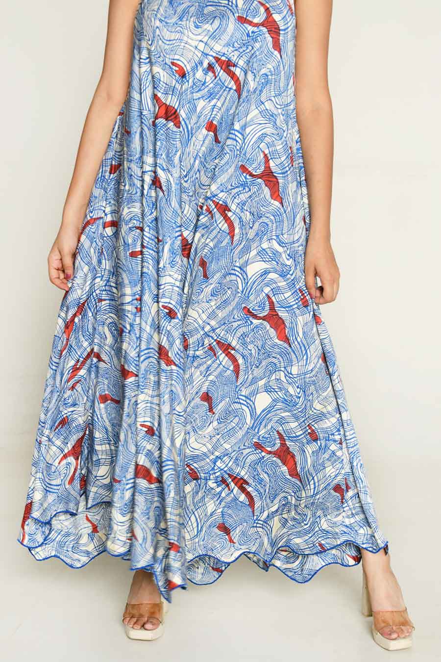 Blue Block-Printed One-Shoulder Flared Dress