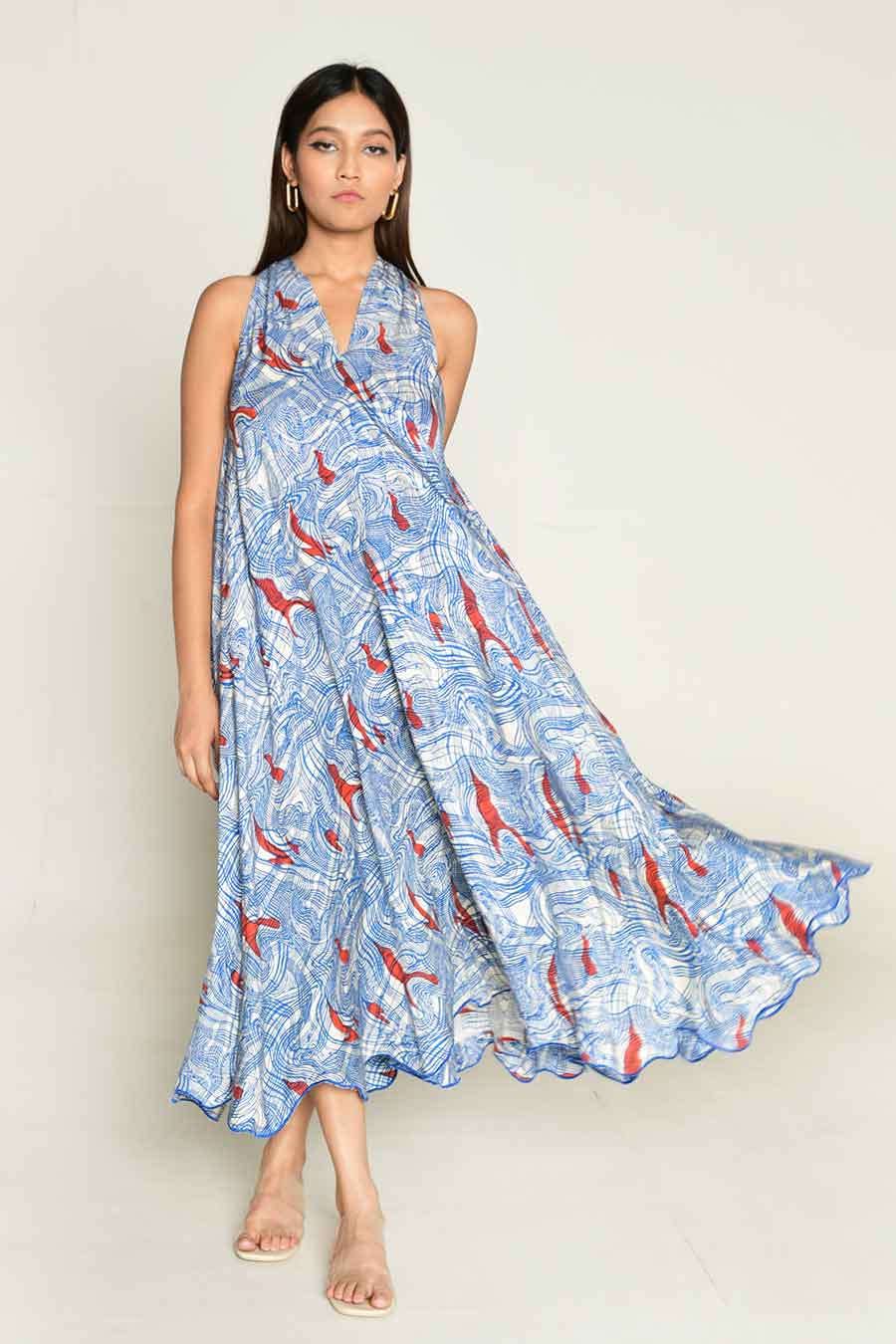 Blue Block-Printed Flared Dress