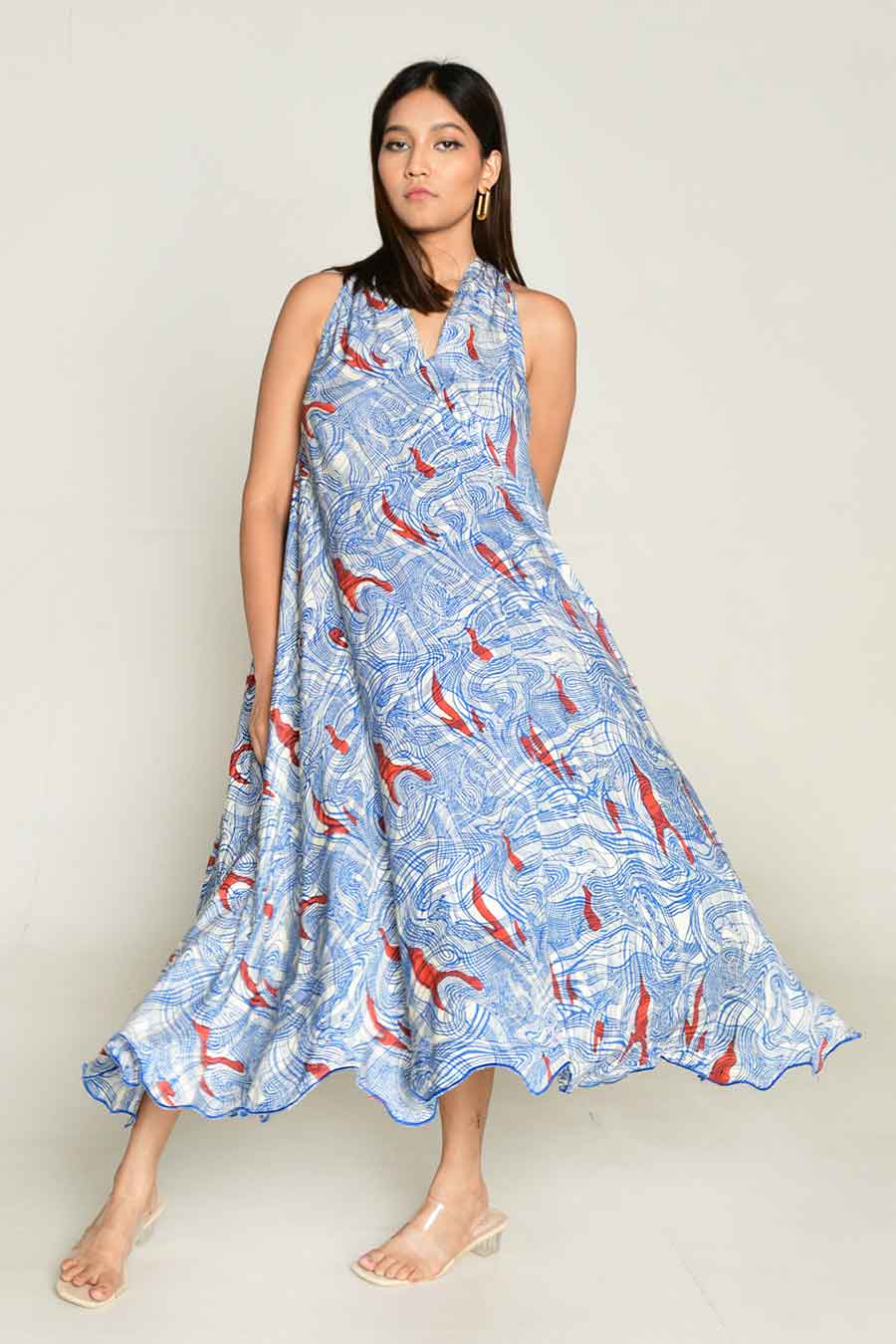 Blue Block-Printed Flared Dress