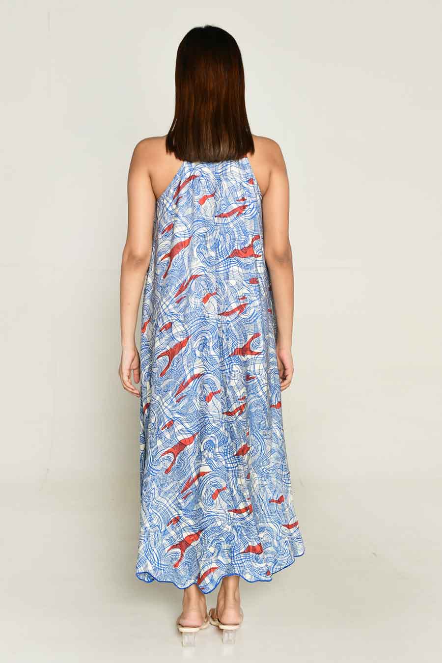 Blue Block-Printed Flared Dress