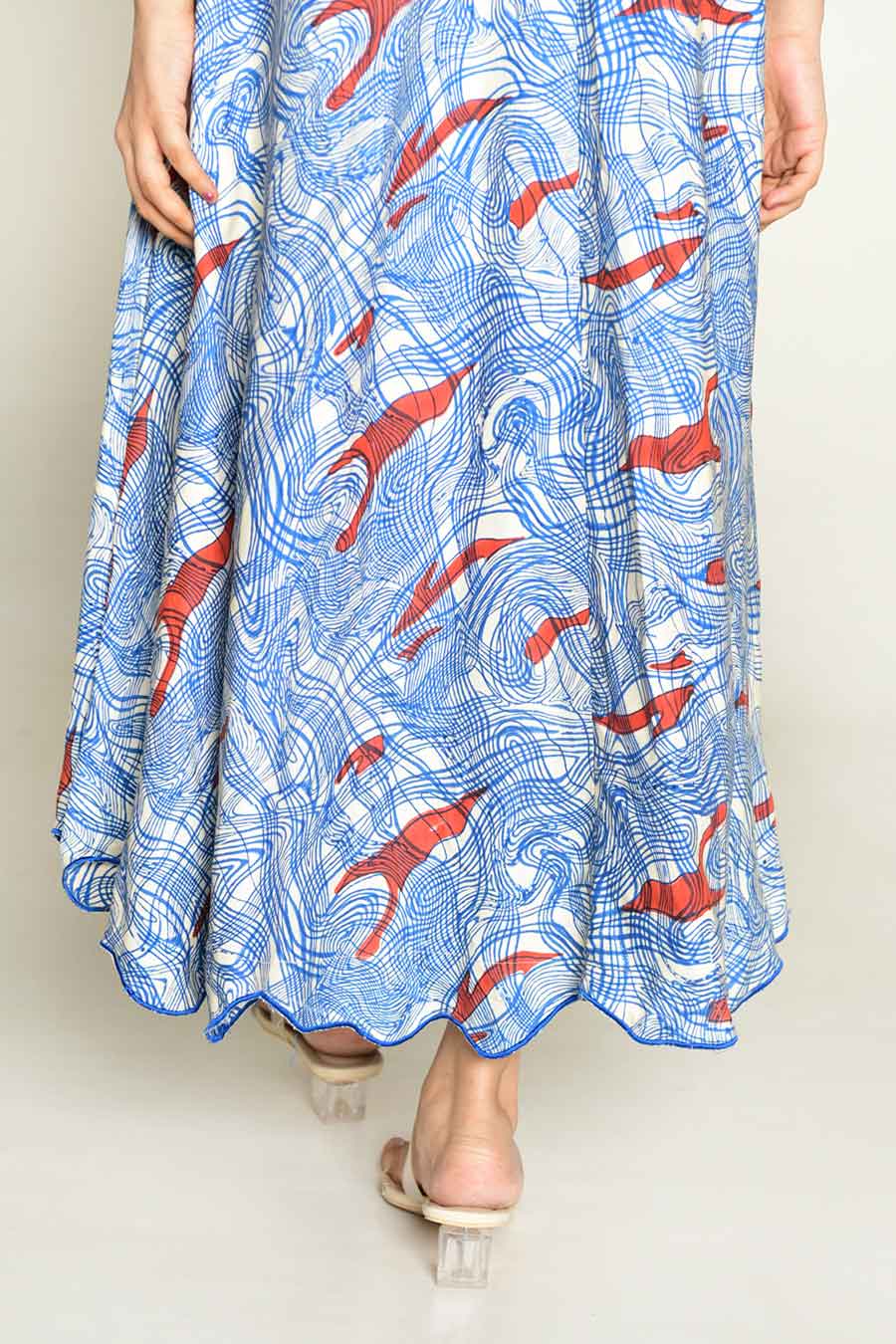 Blue Block-Printed Flared Dress