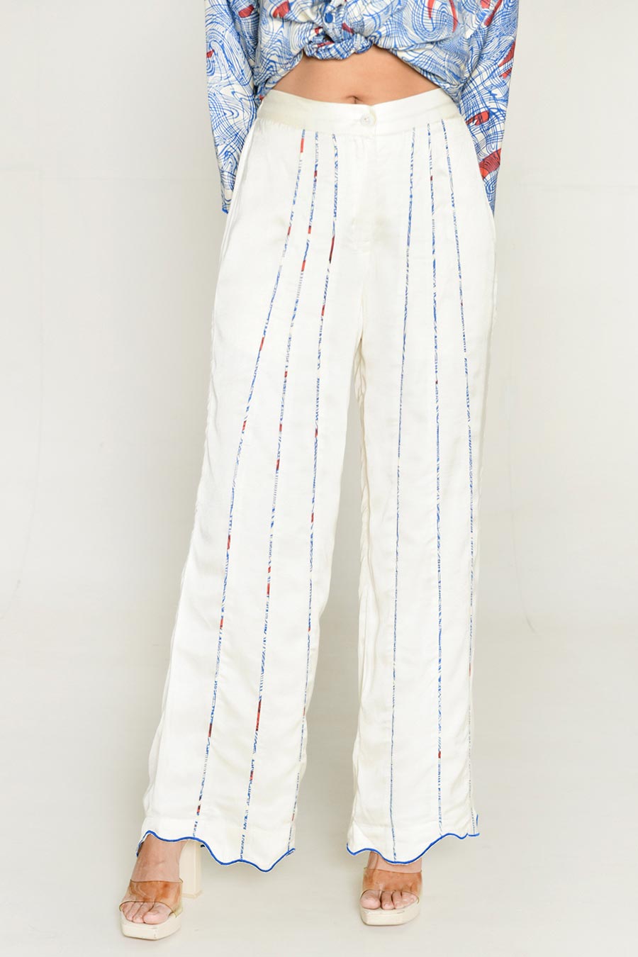 White Block-Printed Stripes Pant