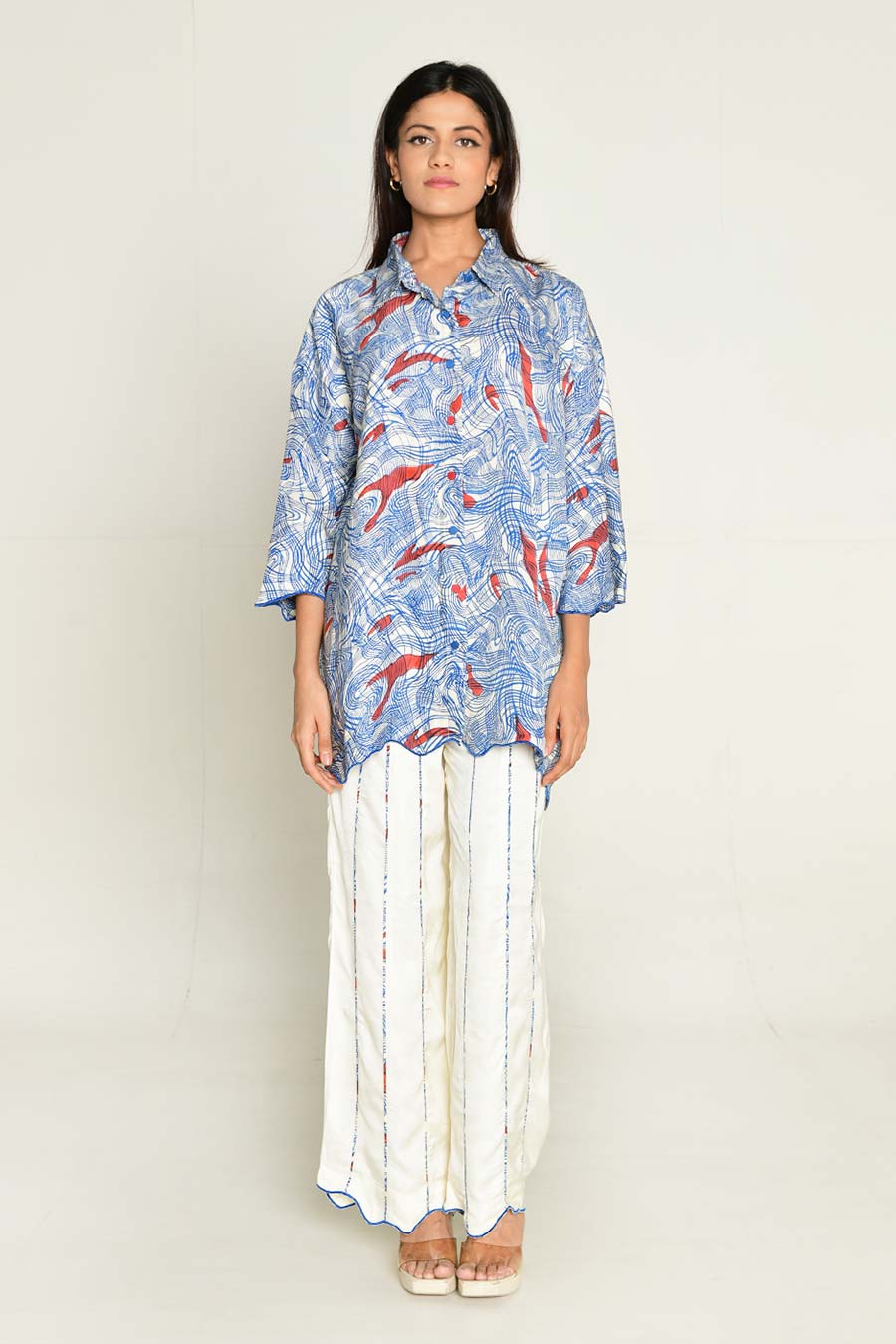 Blue Block-Printed Shirt & White Pant Co-Ord Set