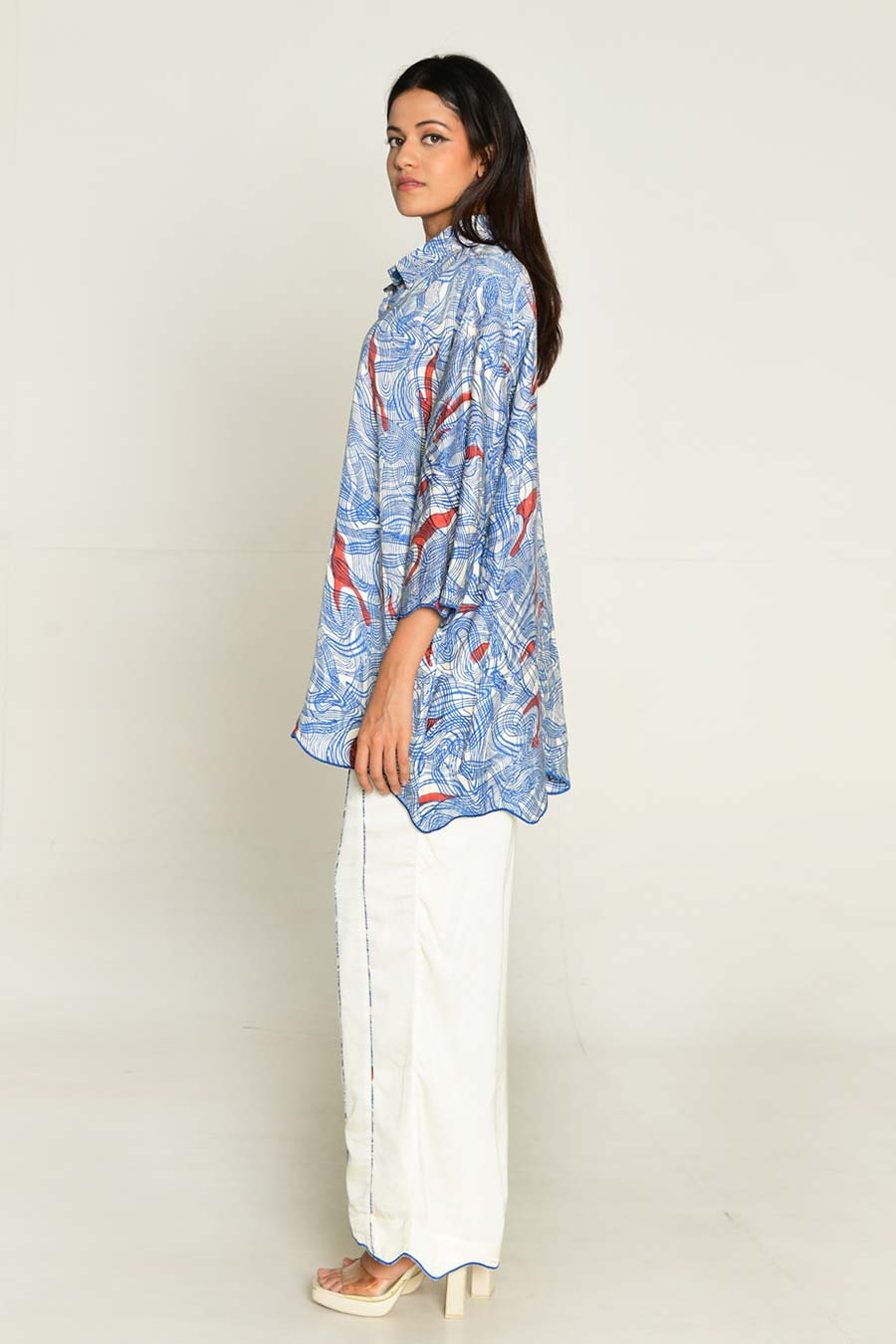 Blue Block-Printed Shirt & White Pant Co-Ord Set