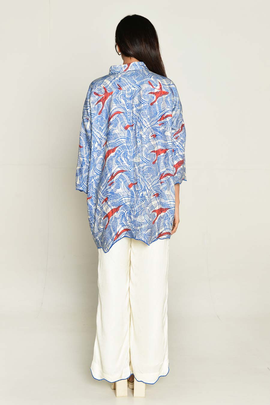 Blue Block-Printed Shirt & White Pant Co-Ord Set