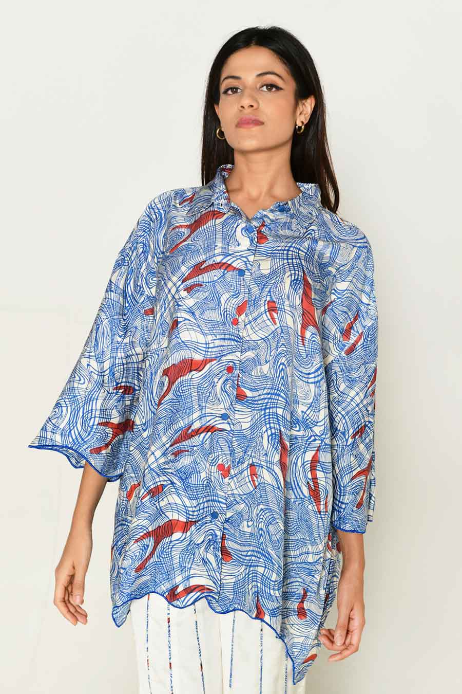 Blue Block-Printed Shirt & White Pant Co-Ord Set
