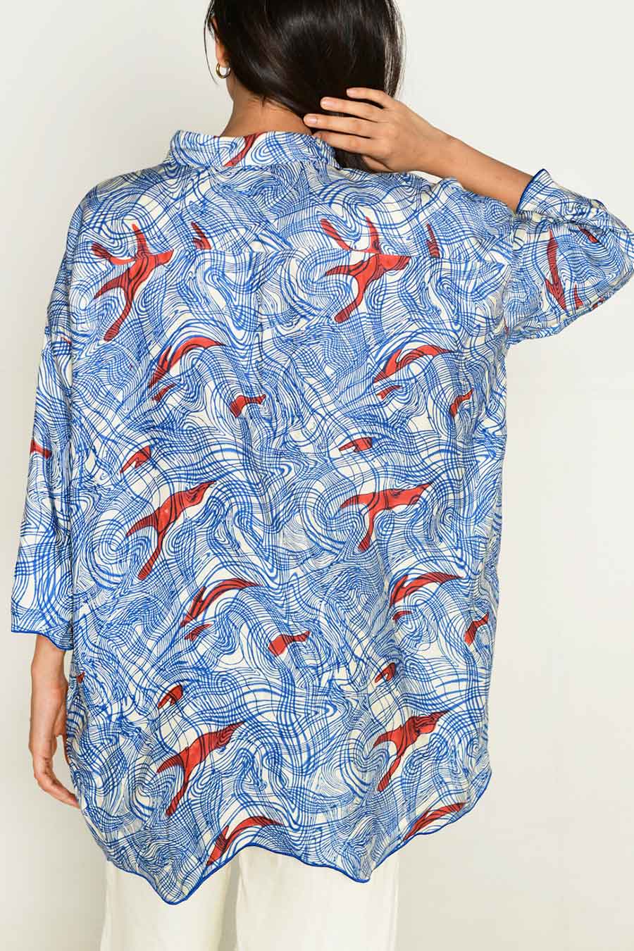 Blue Block-Printed Shirt & White Pant Co-Ord Set