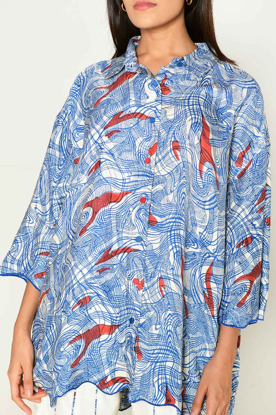 Blue Block-Printed Shirt & White Pant Co-Ord Set