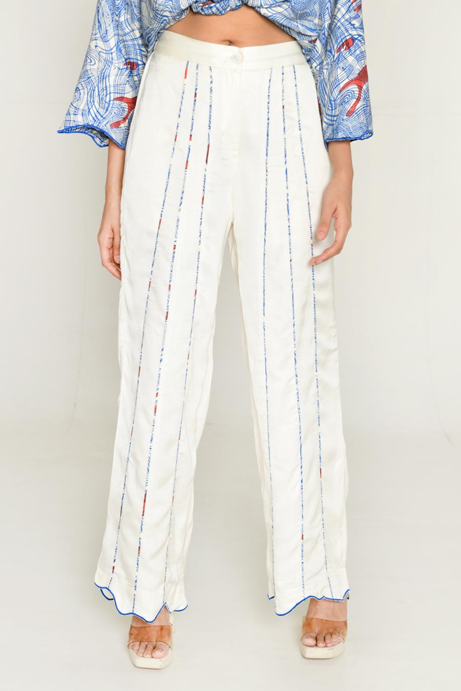 Blue Block-Printed Shirt & White Pant Co-Ord Set