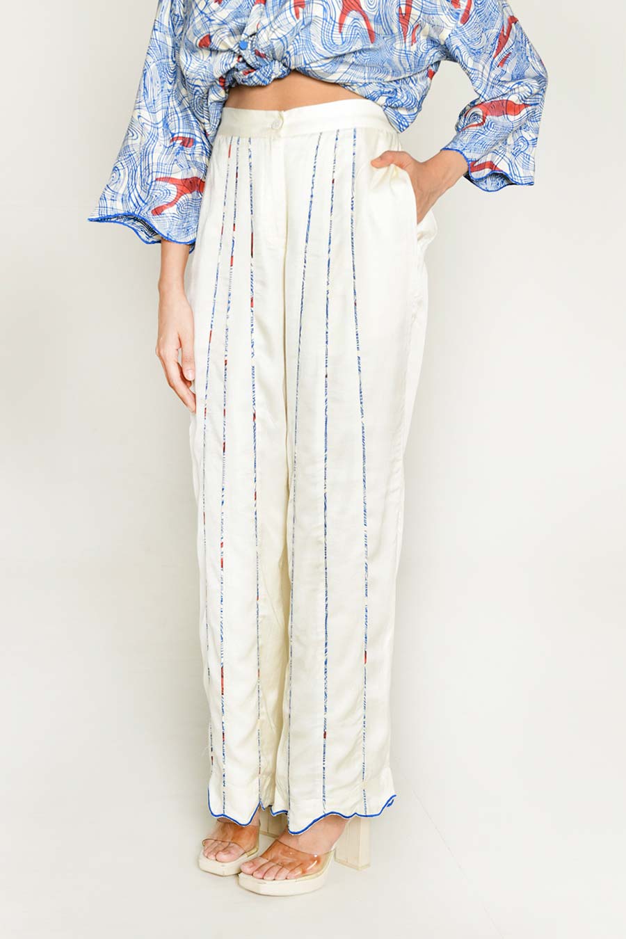 Blue Block-Printed Shirt & White Pant Co-Ord Set