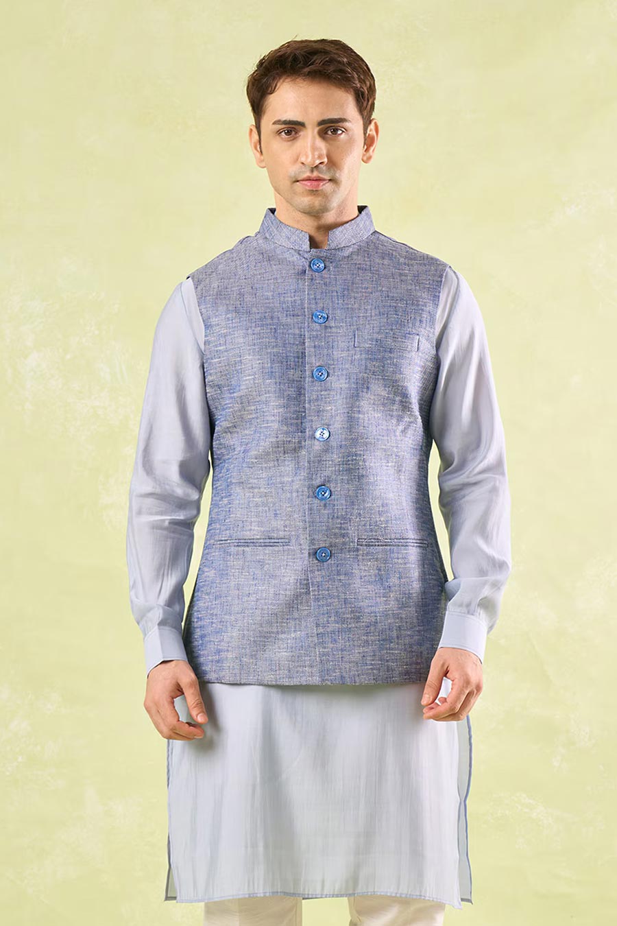 Blue Tweed Textured Bandi Jacket