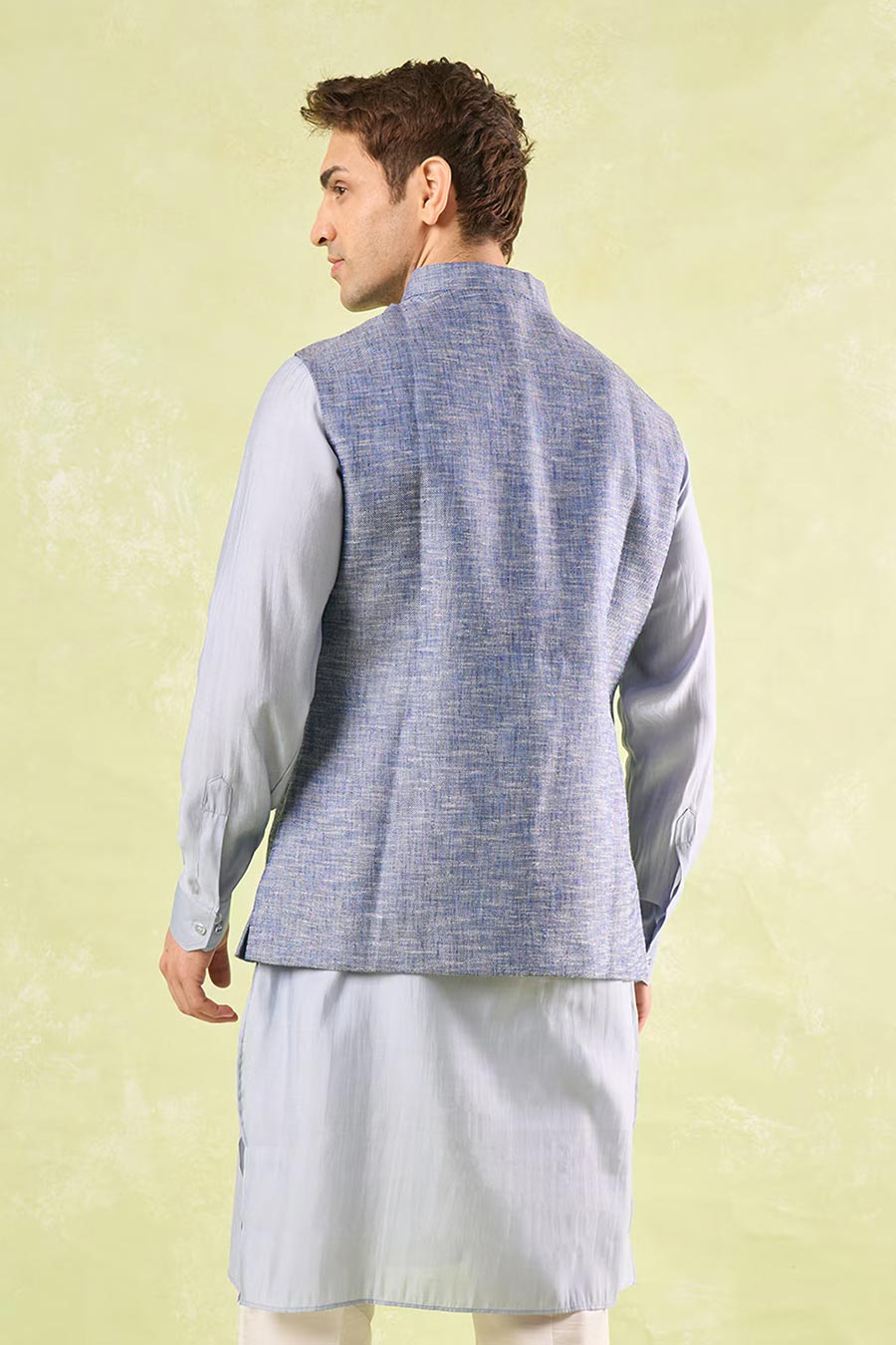 Blue Tweed Textured Bandi Jacket