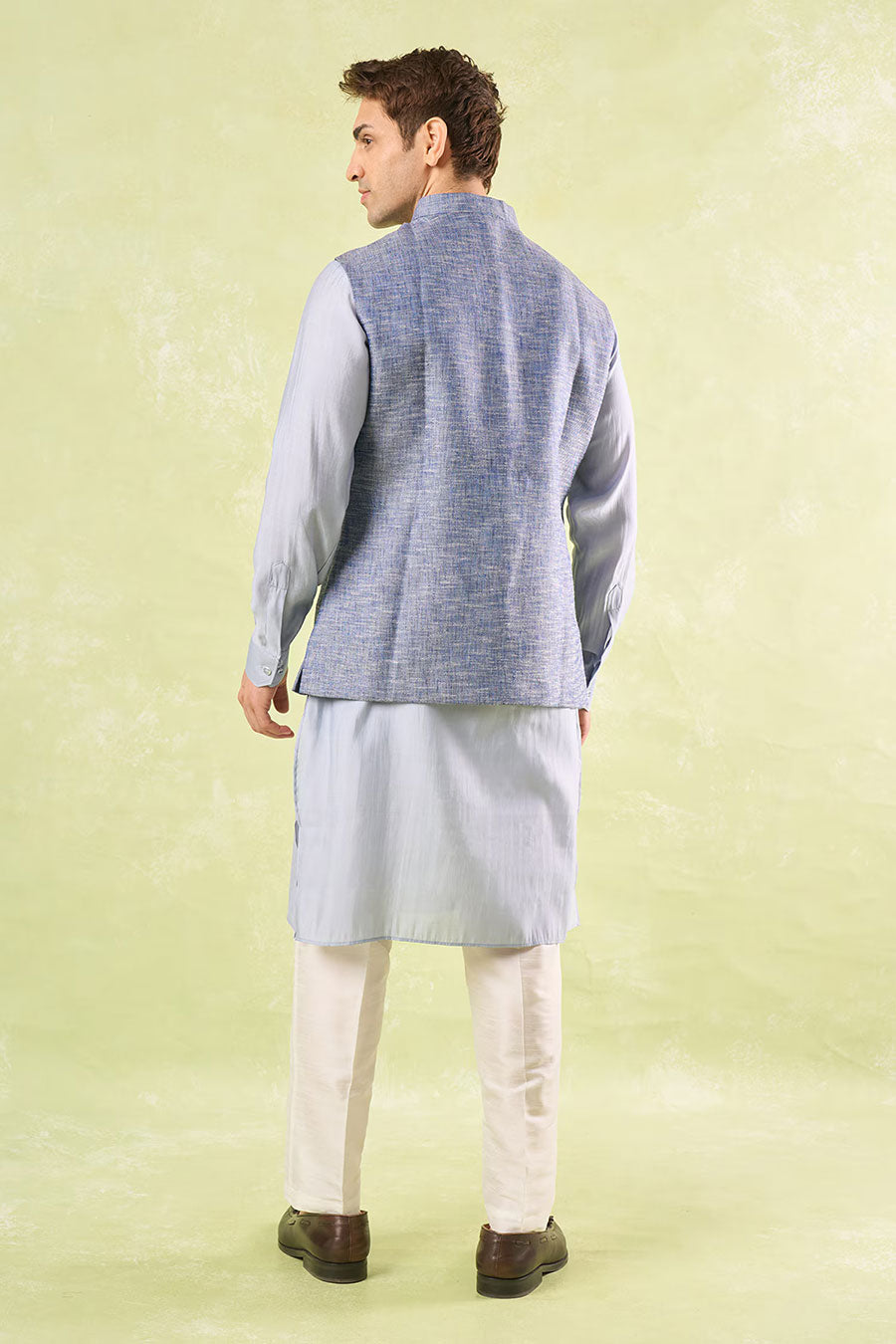 Blue Tweed Textured Bandi Jacket