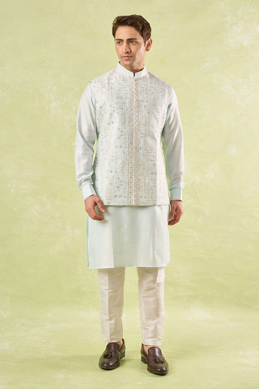 Mint Green Embroidered Bundi Kurta Set