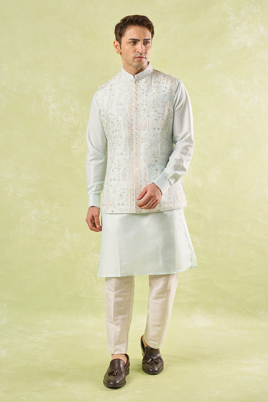 Mint Green Embroidered Bundi Kurta Set