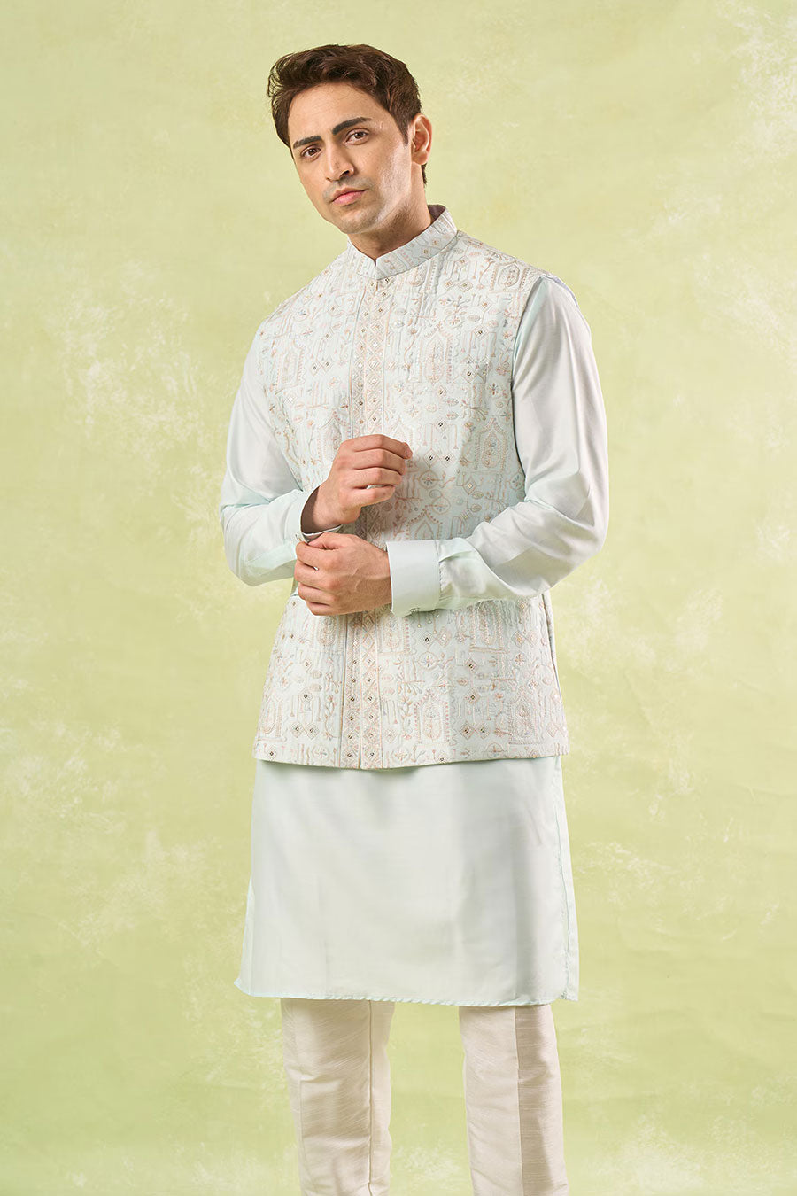 Mint Green Embroidered Bundi Kurta Set
