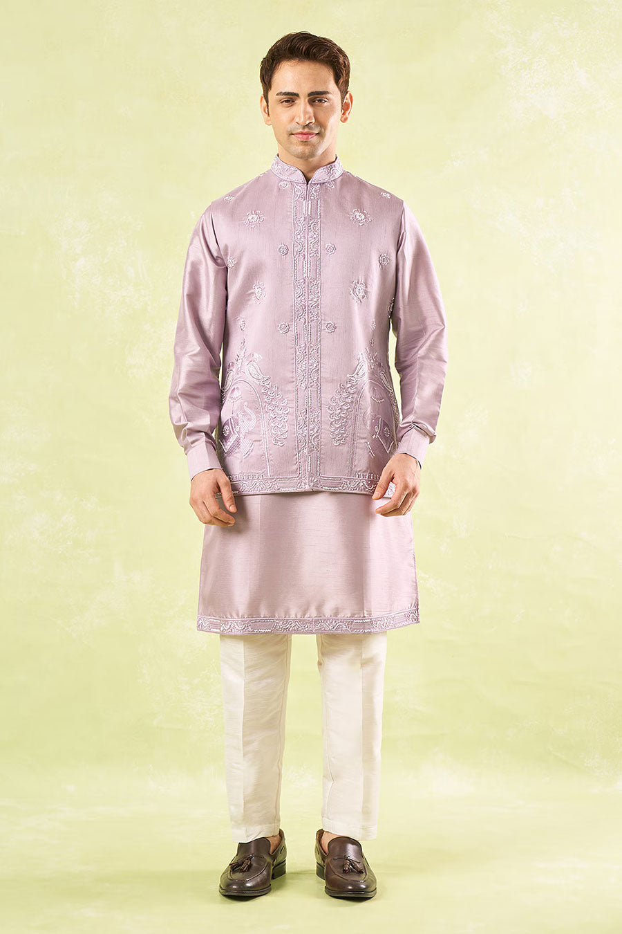 Lavender Embroidered Bundi Kurta Set
